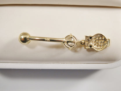 14k Real Solid Yellow Gold Owl Dangling Belly Button Ring Piercing