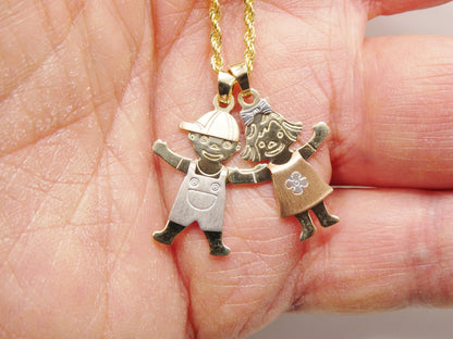 14k Real Solid Yellow Gold Boy Girl Pendent and Robe Necklace