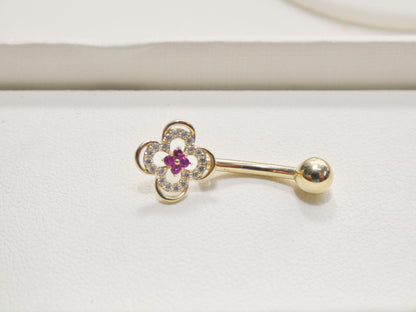 14k Real Solid Yellow Gold Flower Belly Button Ring Piercing