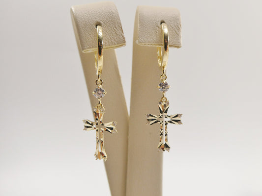 10k real solid yellow gold full laser cut cross dangle on plain huggie hoop fancy earring