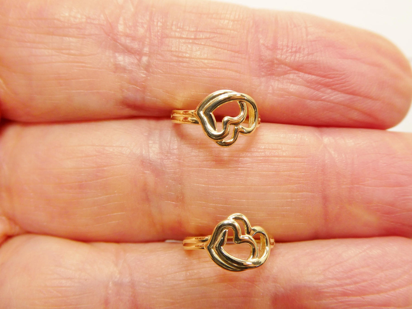 real 10k solid yellow gold designer double heart  hoop huggie earrings