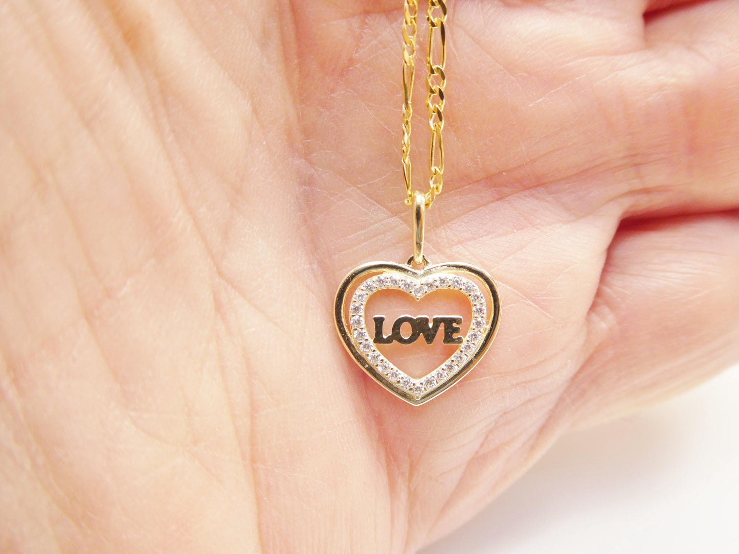 10k real solid yellow gold 18 inch solid figaro chain and love heart pendent
