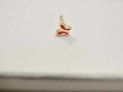 14k Real Solid Yellow Gold Red Butterfly Enamel Stud Nose Ring