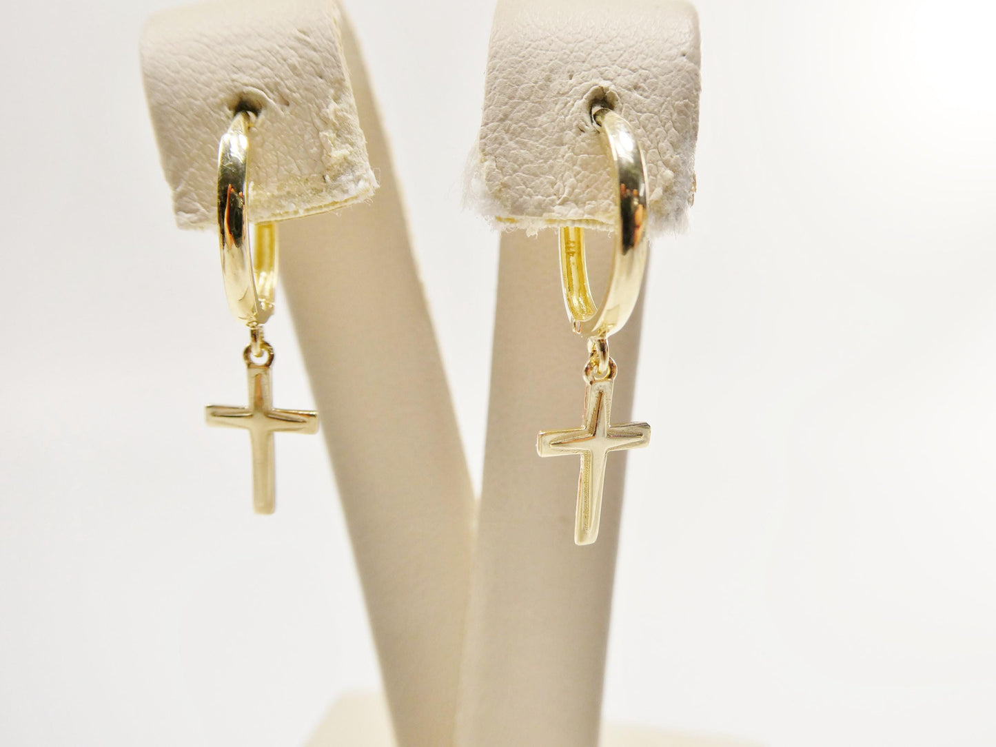real 10k solid yellow gold cross dropping hoop huggie earrings