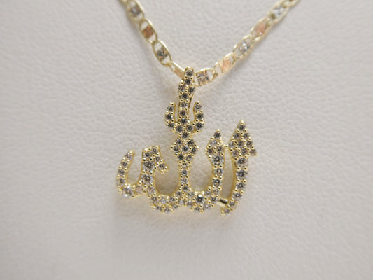 10k real solid yellow gold small ALLAH Muslim pendent and 16 inch Valentino necklace