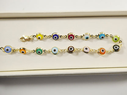 Real 14k Sold Yellow Gold 6 Inch Evil Eye Multi Color Adjustable Baby Bracelet