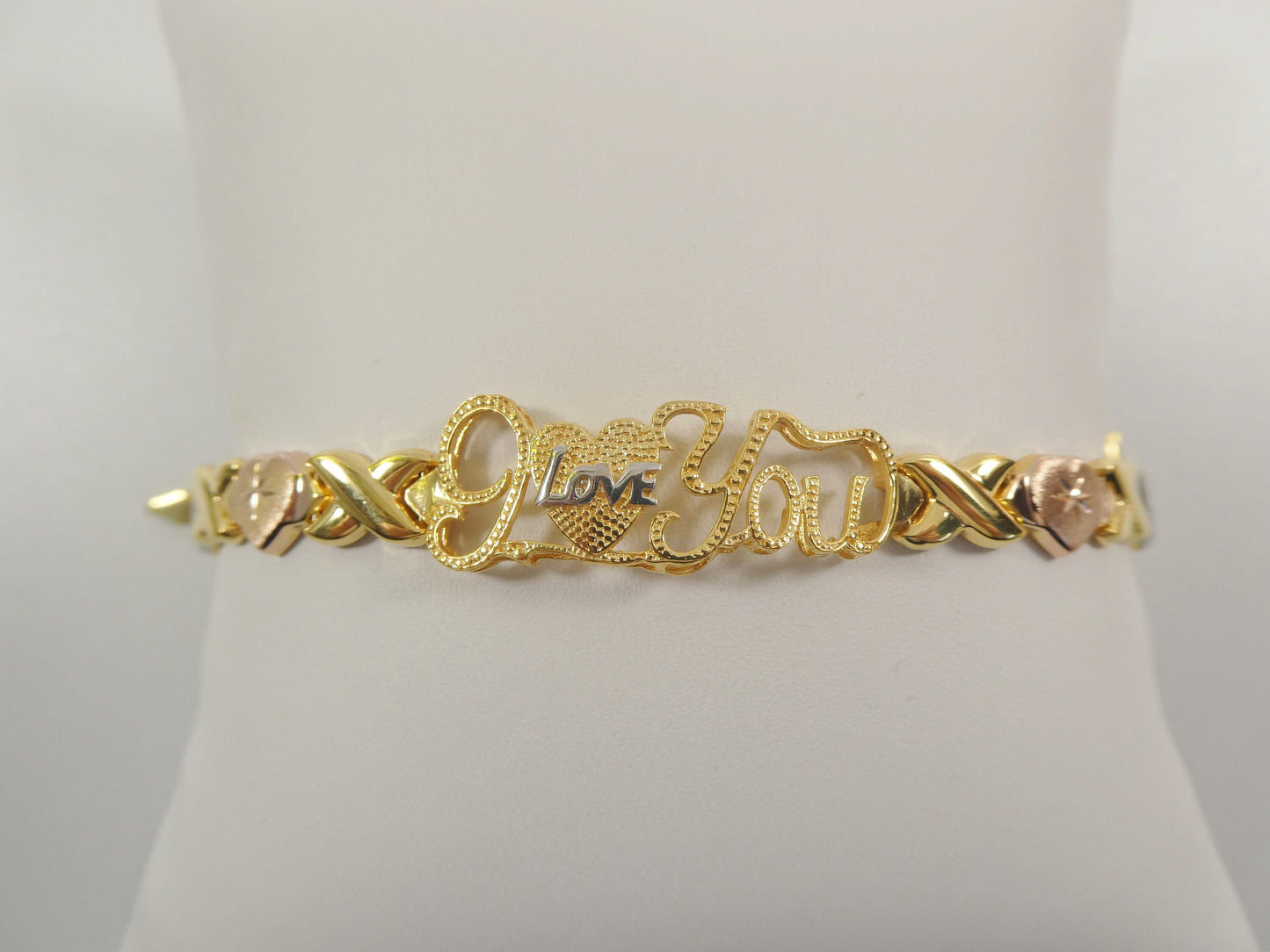 Sterling Silver 'I Love You' Bracelet: Tri-Color Heart XOXO Design