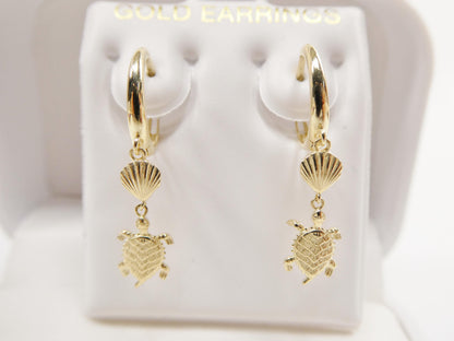 10k Real Yellow Gold Turtle Dangle Plain Huggie Earrings