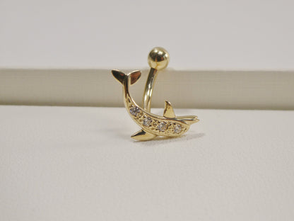14k Real Solid Yellow Gold Fish Shape Belly Button Ring Piercing