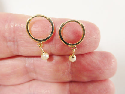 Real 10k Solid Yellow Gold Dangling Cultured Freshwater Pearl Plain Hoop Huggie Earrings
