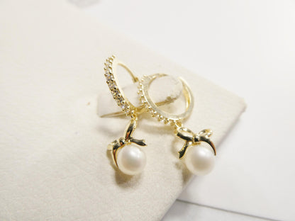 Real 10k Solid Yellow Gold Designer Pearl Drop Hoop Huggie Earrings