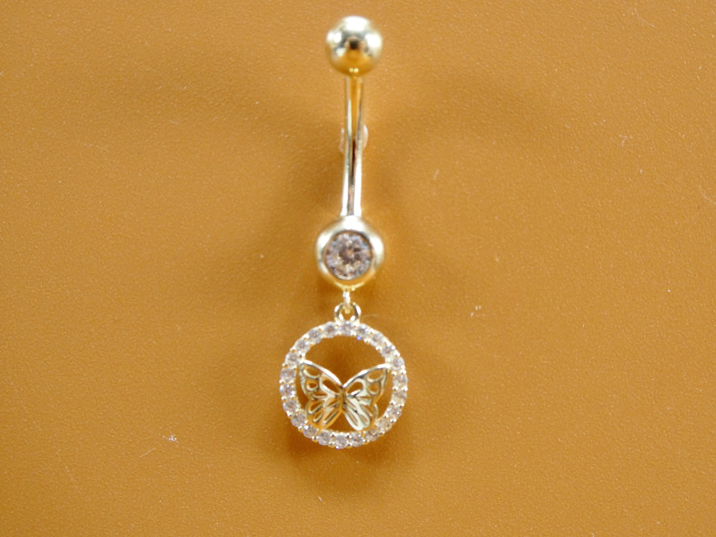 14k real solid yellow gold dangling circle butterfly belly button ring piercing