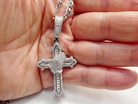 real 925 sterling silver 22 inch flat chain and moissanite cross pendent charm