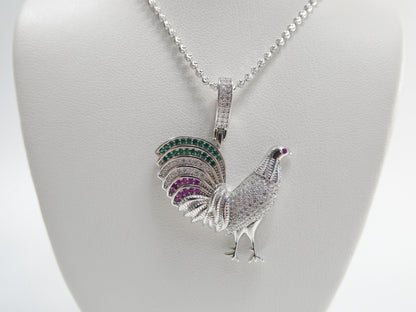 Real 925 Sterling Silver 2mm Moon Chain and Rooster Pendent