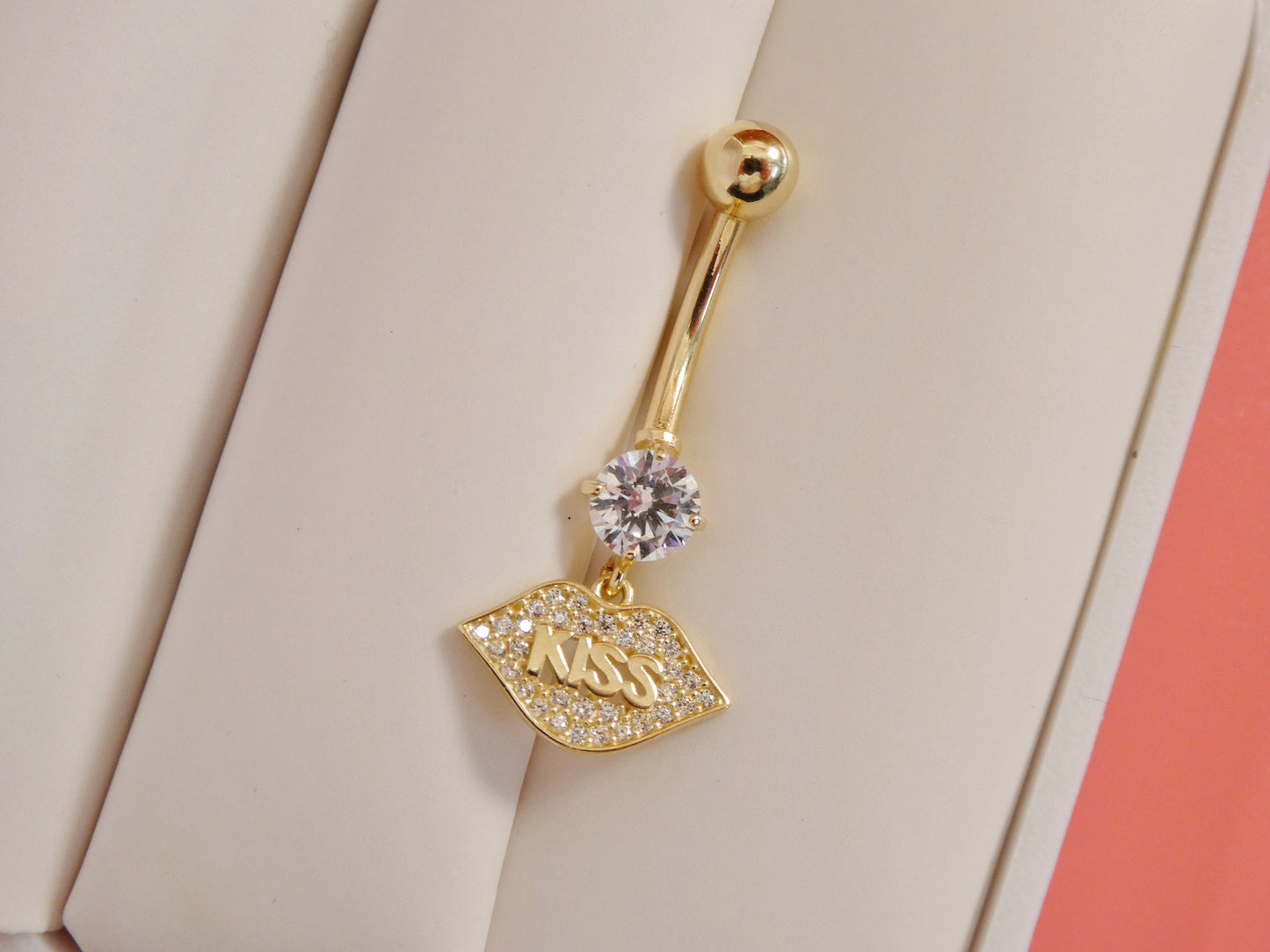 14k real solid yellow gold dangling logo kiss lips belly button ring piercing