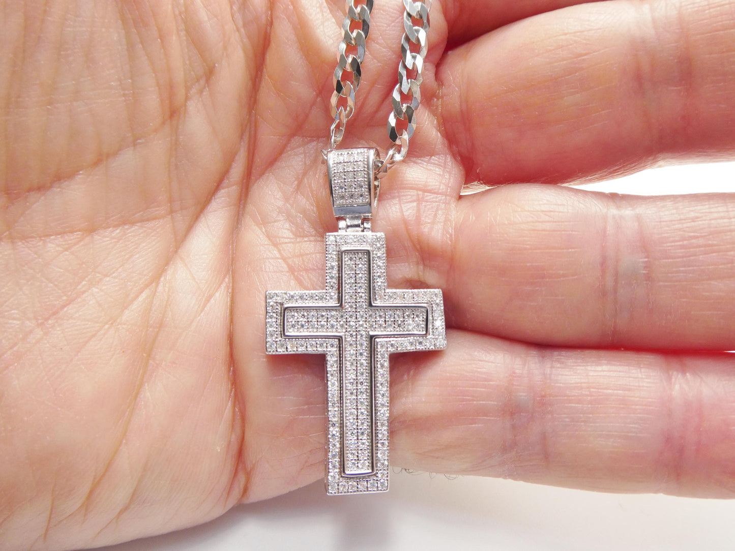 real 925 sterling silver 22 inch flat chain and moissanite cross pendent charm
