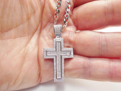 Real 925 Sterling Silver 22 Inch Flat Chain and Moissanite Cross Pendent Charm