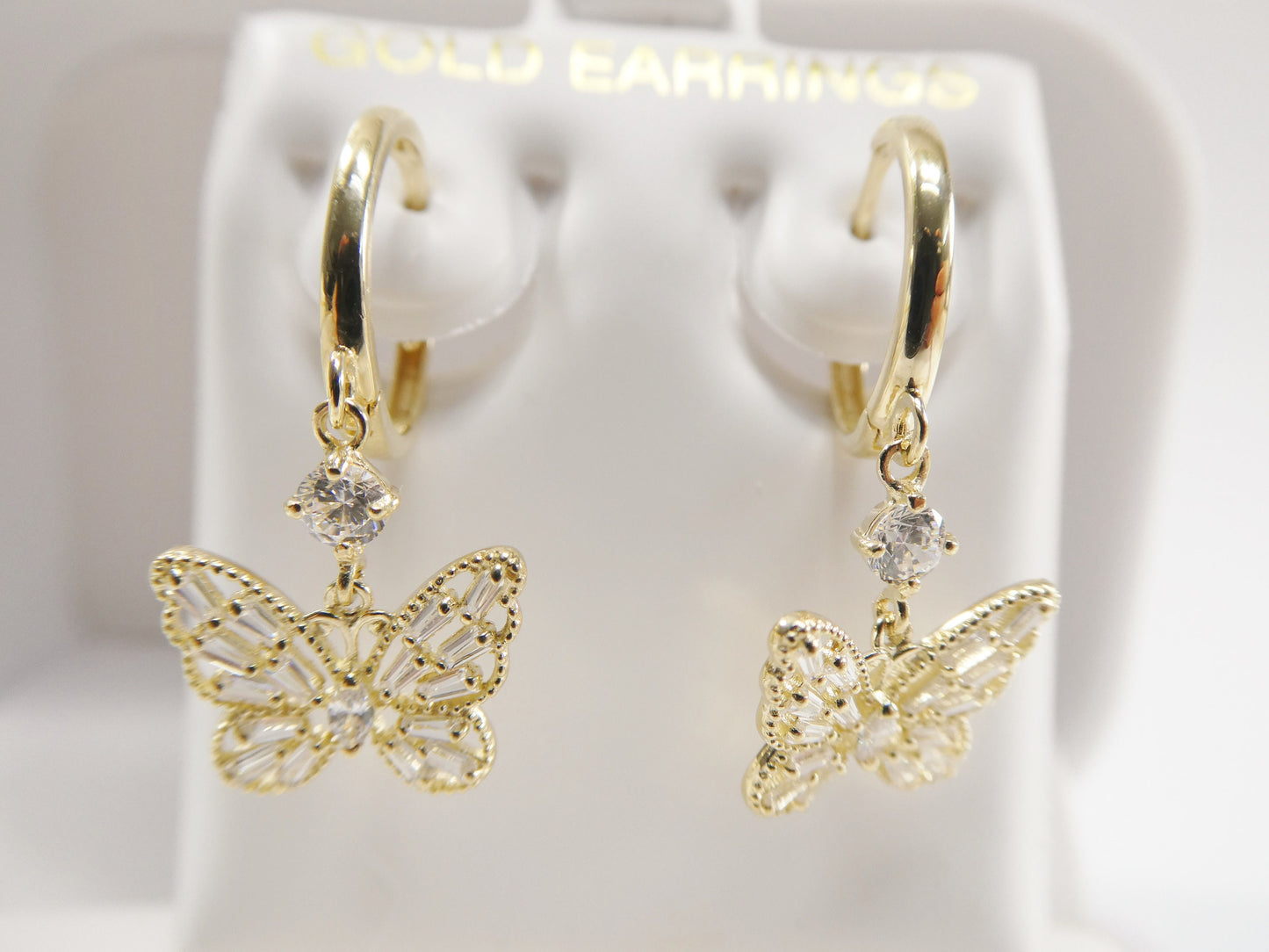 real 10k solid yellow gold butterfly drop baguette setting hoop huggie earring
