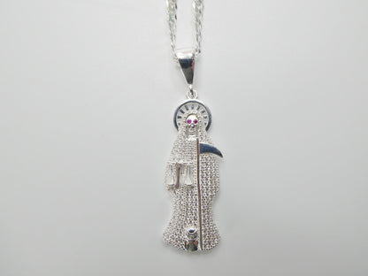 Real 925 Sterling Silver 22 inch Flat Chain And Large Santa Muerte Pendent Charm