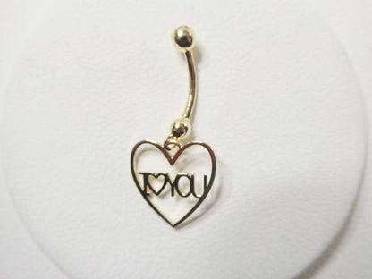 14k Real Solid Yellow Gold Heart I Love You  Belly Button Ring Piercing
