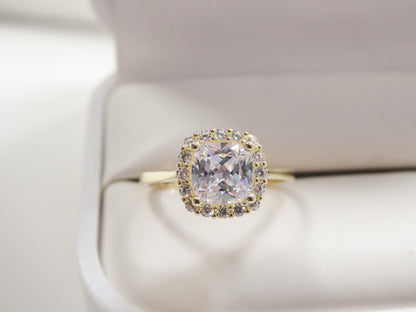 14k Real Solid Yellow Gold Engagement Cushion Cut Cubic Zirconia Ring