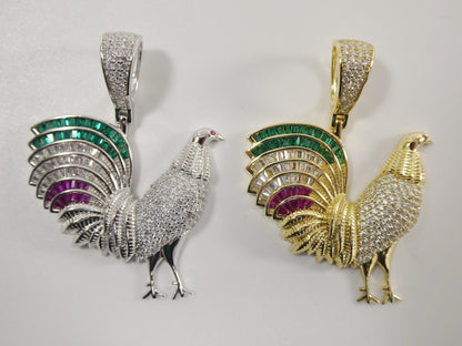 Real 925 Sterling Silver Colorfully Large Rooster Pendent