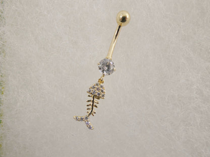 14k Real Solid Yellow Gold Fish Skeleton Dangling Belly Button Ring Piercing