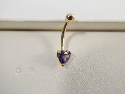 14k Real Solid Yellow Gold 6mm Heart Amethyst Stone Belly Button Ring Piercing