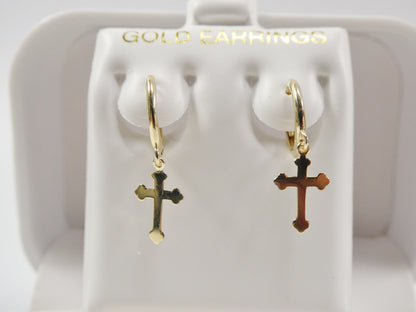 Real 10k Solid Yellow Gold Hoop Huggie Dangle Plain Cross Earrings