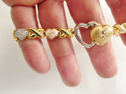 Real 925 Sterling Silver Double Heart xo Heart Tri Color Set Necklace And Bracelet
