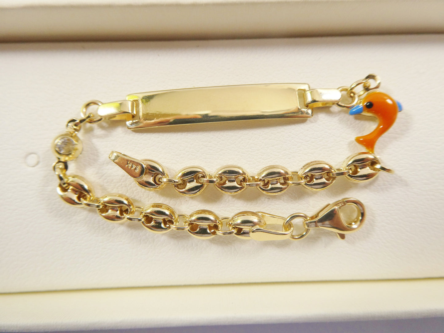 14k Yellow Gold Baby ID Bracelet: Enamel Dolphin Mariner Chain, 6 Inch