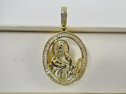 Real 925 Sterling Silver Oval Saint Judas Baguette Stone Setting Pendent