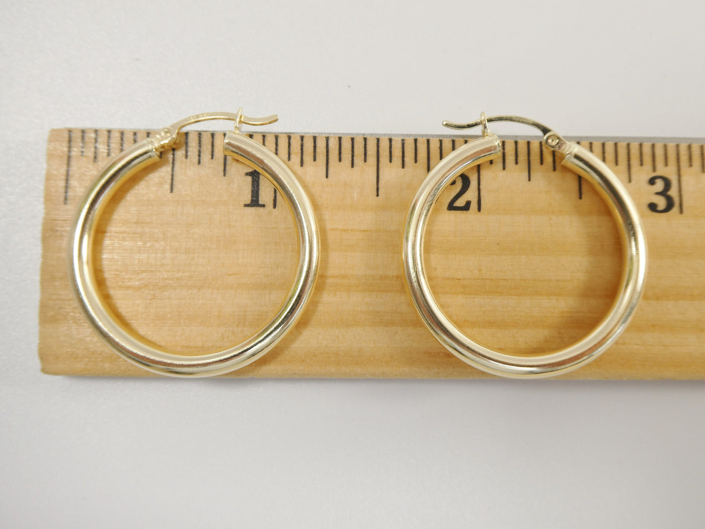 14K real solid yellow gold 30mm round hoop earrings snap closure high polish finish