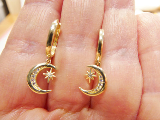 real 10k solid yellow gold designer moon and star hoop huggie earrings