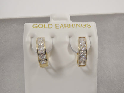 Real 10k Solid Yellow Gold Princess-cut Setting 14mm Hoop Huggie Earrings