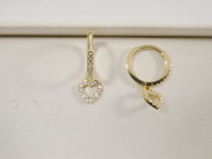 Real 10k Solid Yellow Gold Dangle Heart Full Micro Fave Setting Hoop Huggie Earrings