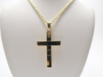 14k Real Solid Yellow Gold Super High Polish Cross Pendent and Robe Necklace