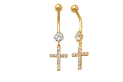 14k Real Solid Yellow Gold Dangling Cross Belly Button Ring Piercing