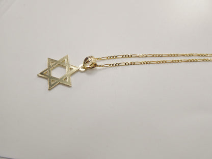 10k Yellow Gold Star of David Pendant Necklace: 18 inch Figaro Chain
