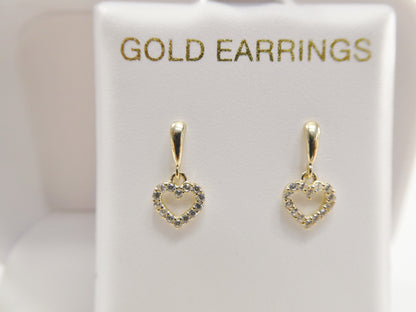 Real 10k Solid Yellow Gold Push Post Heart Dropping Stud Earrings
