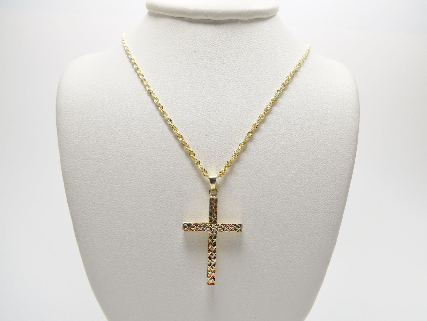 14k real solid yellow gold diamond cut cross pendent and robe necklace