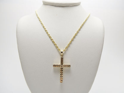 14k Real Solid Yellow Gold Diamond Cut Cross Pendent and Robe Necklace