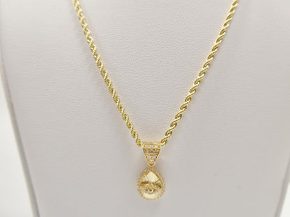 10k Real Solid Yellow Gold Evil Eye Pendent and Rope Necklace