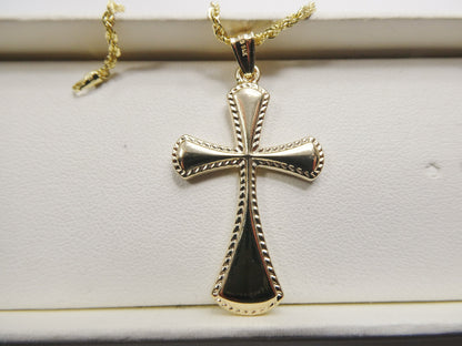 14k Real Solid Yellow Gold Super High Polish Cross Pendent and Robe Necklace