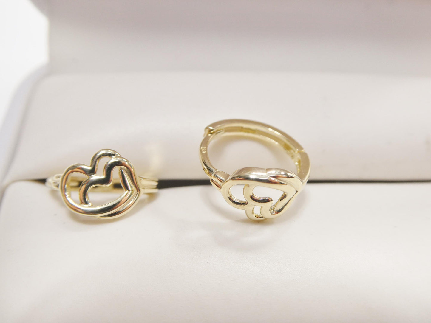 real 10k solid yellow gold designer double heart  hoop huggie earrings