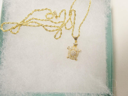14k Real Solid Yellow Gold Turtle Pendent and Rope Necklace