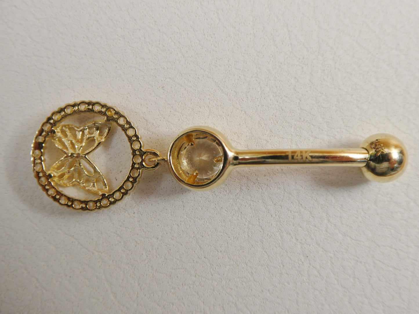 14k real solid yellow gold dangling circle butterfly belly button ring piercing