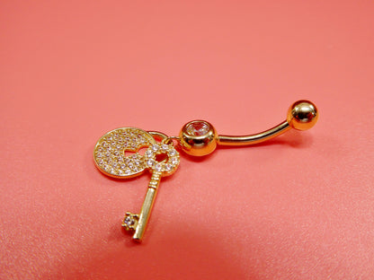 14k Real Solid Yellow Gold Dangling Lock And Key Belly Button Ring Piercing