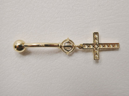 14k Real Solid Yellow Gold Dangling Cross Belly Button Ring Piercing