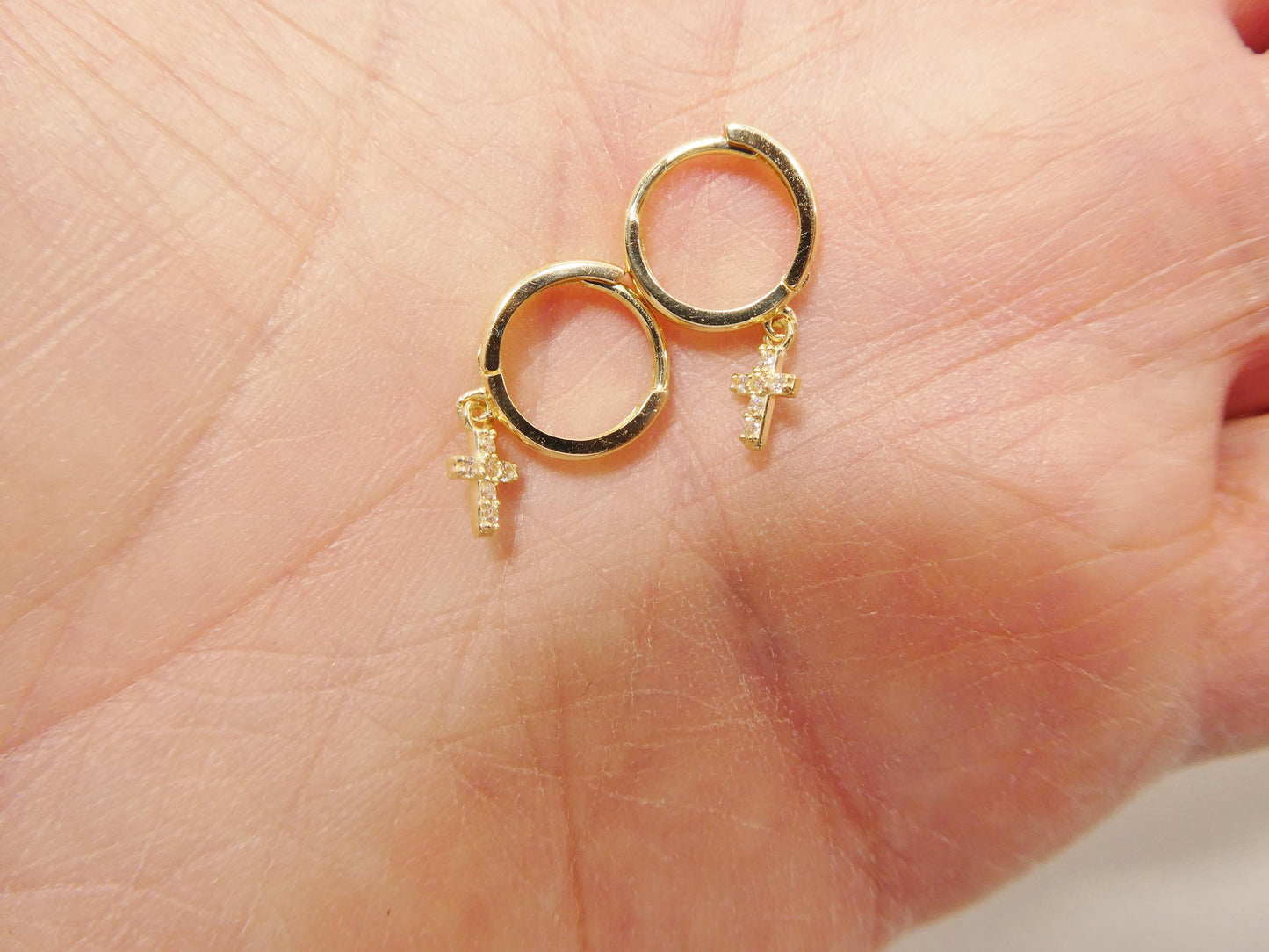 real 10k solid yellow gold cross dropping hoop huggie earring